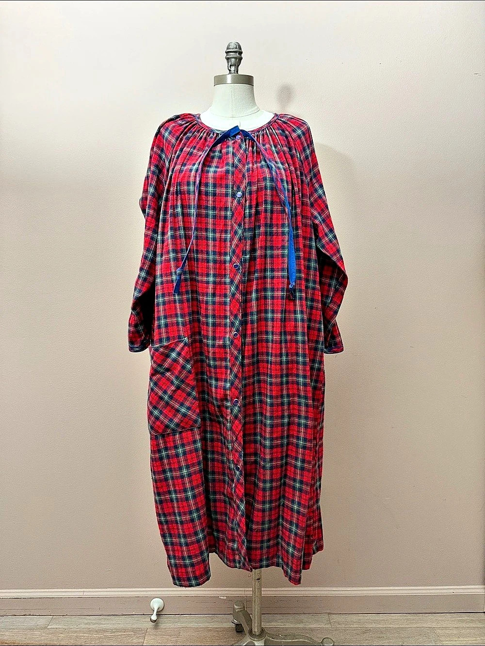 Vtg Plaid Cotton Midi Dress Robe 2X snap closure nightgown